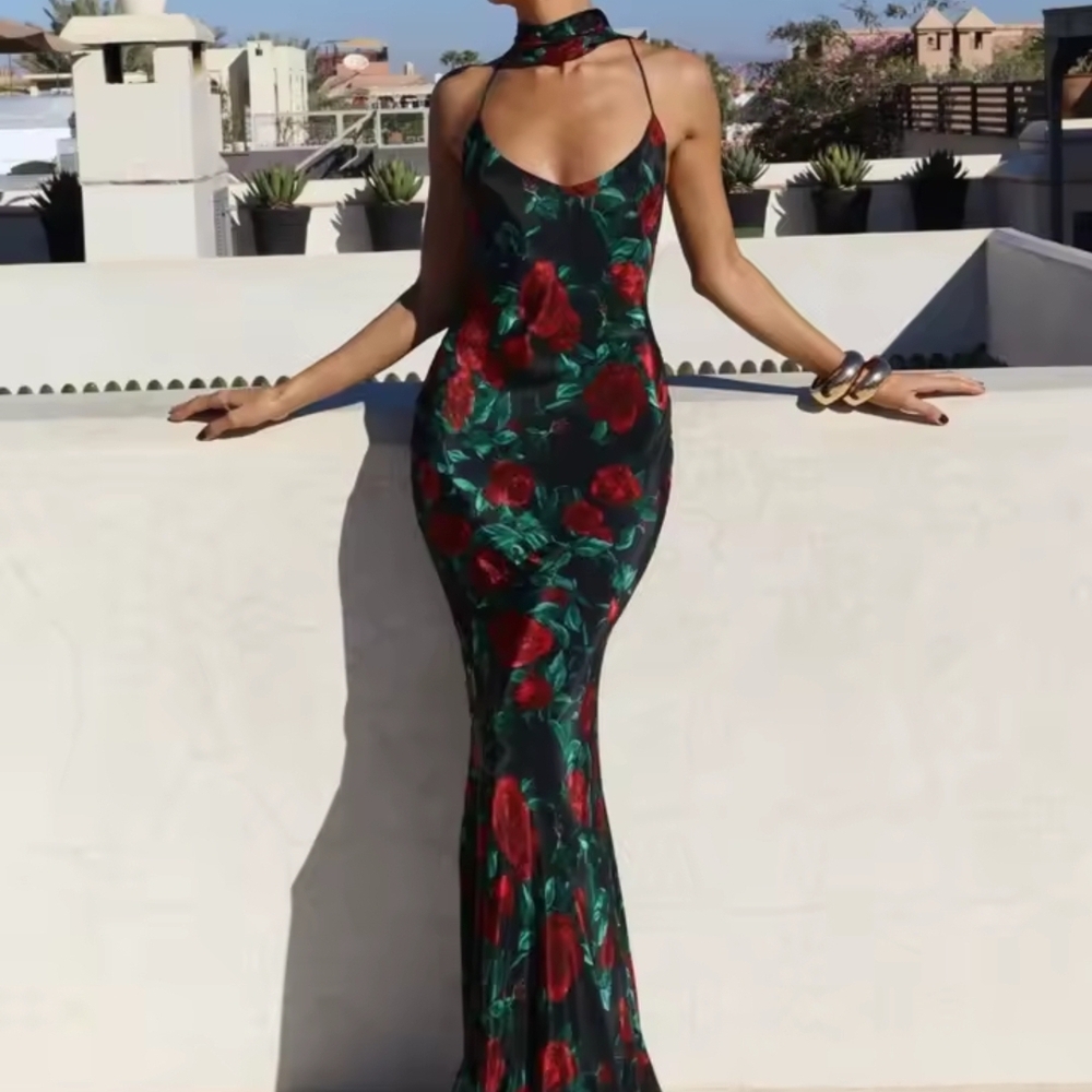 Floral Maxi Dress with Red and Green Pattern
